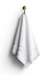A single white towel hanging neatly, isolated on a white background, emphasizing its clean and soft texture, ideal for bathroom or spa use, selected focus

