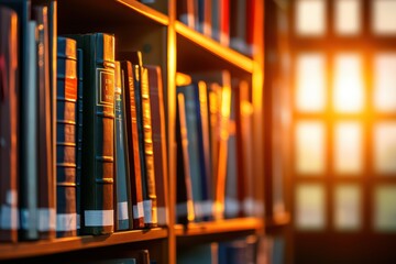 Warm sunlight filters through a library, illuminating rows of books on shelves, creating a serene and inviting atmosphere.