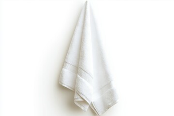 A single white towel hanging neatly, isolated on a white background, emphasizing its clean and soft texture, perfect for bathroom or spa settings, selected focus

