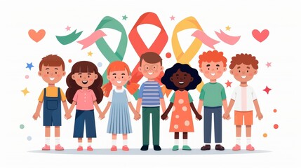 Fototapeta premium United in Hope - Diverse Group of Smiling Children Wearing Cancer Awareness Ribbons in Front of Colorful Backdrop
