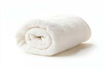 A fluffy white towel rolled up, isolated on a white background, highlighting its soft and plush texture, ideal for bathroom or spa settings, selected focus

