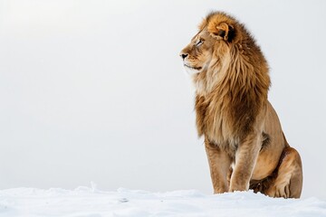 a lion sitting on top of a snow covered hill
