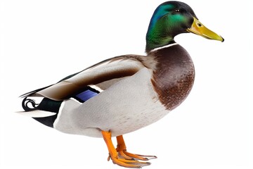 a mallard duck standing on a white background