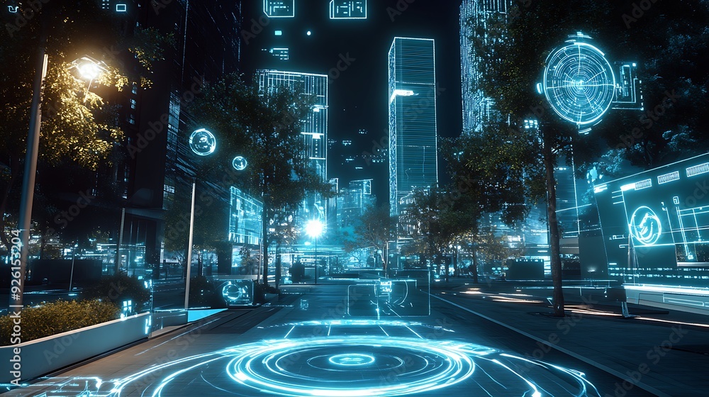 Poster futuristic smart city grid with ai-optimized utilities and augmented reality control panels