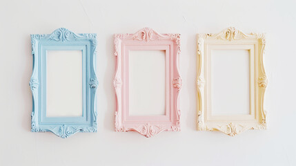 Aesthetic group of pastel empty vintage picture frames on white background. Invitation creative idea. Generative AI