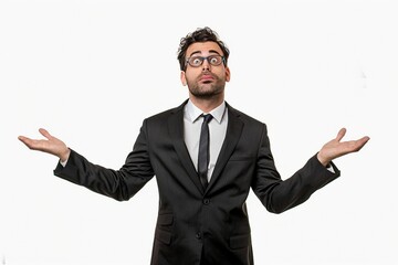 a man in a suit and tie with his hands out