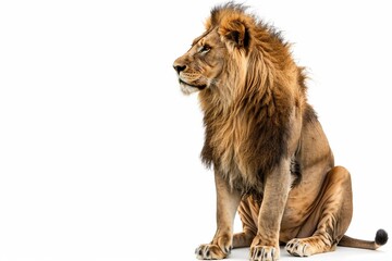 a lion sitting on a white background looking at the camera