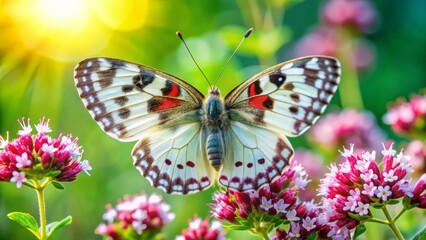 Naklejka premium A majestic Apollo butterfly with striking red-spotted white wings flutters around a vibrant pink oregano bloom in a lush green summer meadow.