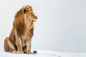 a lion sitting on top of a snow covered ground