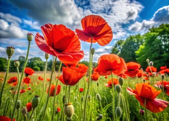 Vibrant red Papaver rhoeas blooms sway gently in a lush green field on a sunny July day in Berlin, showcasing their delicate petals and slender stems.