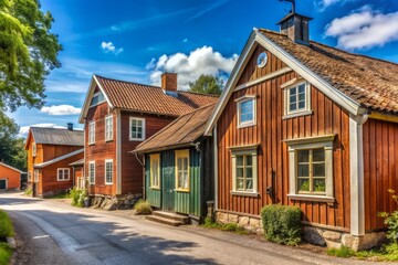 Quaint small-town scene in Eksj&ouml;, Sweden, featuring historic buildings with wooden and plaster walls in need of repair and maintenance on a sunny day.