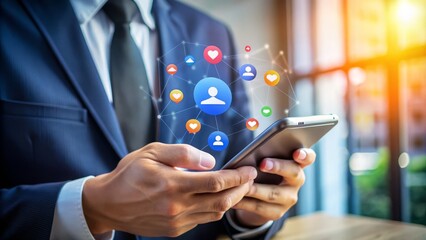 A modern hand holds a smartphone, typing away in a chat box with pop-up icons, illustrating social media marketing, live chat, and remote work concepts.