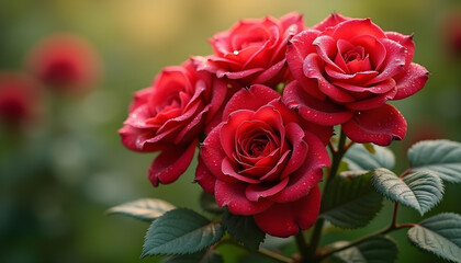 Fototapeta premium Close-up of vibrant red roses with dew drops, showcasing their beauty and elegance 