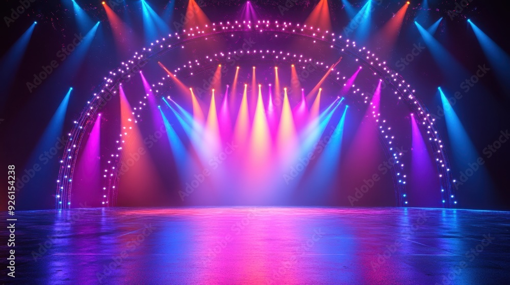 Poster vibrant stage show with colorful archway and dynamic lighting effects in festive setting