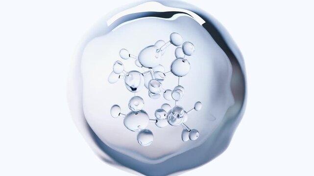 molecules or atoms, molecular structure, biochemical. chemical formula, fluid flow. Water Liquid Bubbles, atoms floating, skin care Cosmetics, Vitamin, pharmaceutical beauty medical concept, 3d render