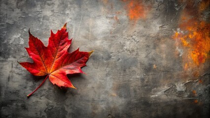Vibrant red autumn leaves sprawl across a worn, gritty grey background, creating a striking seasonal border with ample copy space for text or design elements.