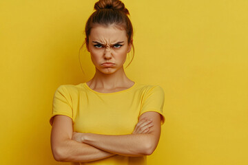 Fototapeta premium An angry woman with arms crossed, expressing frustration and tension on a yellow background.