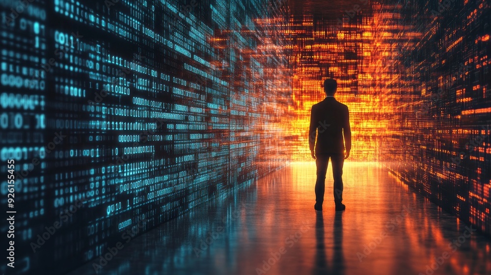 Poster a man gazes into an illuminated corridor filled with vibrant digital patterns, reflecting on technol