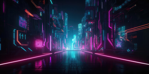 Fototapeta premium Futuristic Neon City with Glowing Signs and Vibrant Cyberpunk Streets at Night