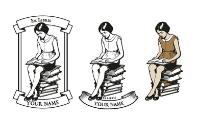 Girl dressed in retro clothes reading on a pile of books. Vintage engraving style illustration. Bookplate isolated on white background.
