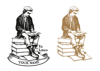Young man wearing old clothes reading on a pile of books. Vintage engraving style illustration. Bookplate isolated on white background.