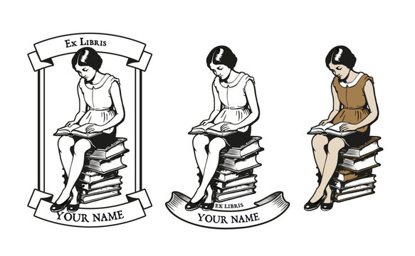 Girl dressed in retro clothes reading on a pile of books. Vintage engraving style illustration. Bookplate isolated on white background.