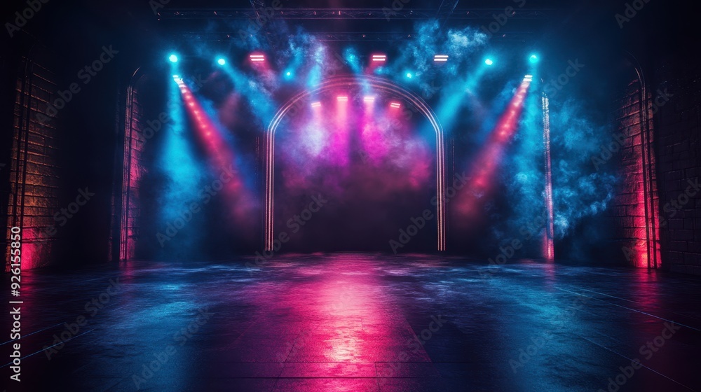 Poster illuminated archway at dynamic stage setup creating festive atmosphere with vibrant lights