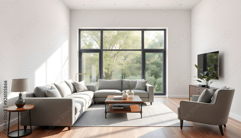 Wall mural interior of light living room with grey sofa, coffee table, armchair and big window isolated with wh