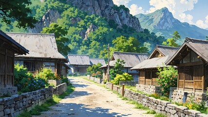 Fototapeta premium Majestic Tranquil Village: Rustic Charm at the Foot of a Mountain in Stunning Watercolor with Anime Style