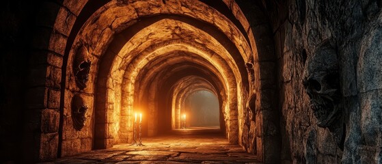 Obraz premium Gothic archway tunnel with carved stone faces, dim candlelight, and shadowy figures in the distance, Halloween tunnel, ancient cursed tunnel