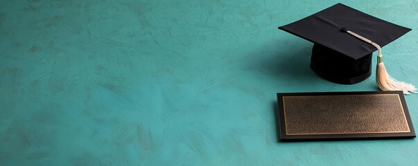 Graduation cap resting beside diploma, textured teal and bronze background, blending traditional academic symbols with modern artistic flair