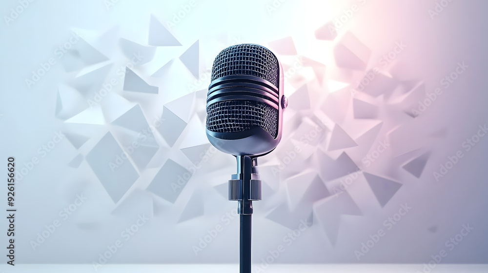 Poster minimalist polygonal microphone on a white background in 8k created with generative ai technology