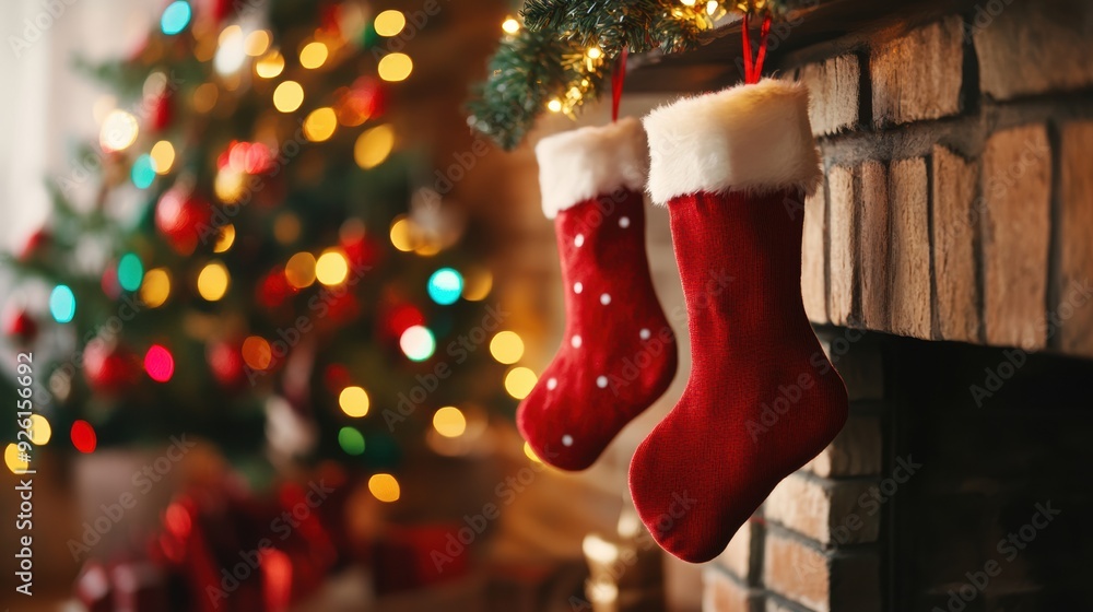 Poster A pair of stockings hanging from a fireplace with christmas lights, AI