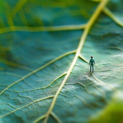 A miniature figure walks along the vein of a large green leaf, creating a sense of perspective and scale.