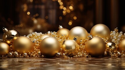 Collection of golden Christmas baubles on festive dark background. Neural network ai generated art