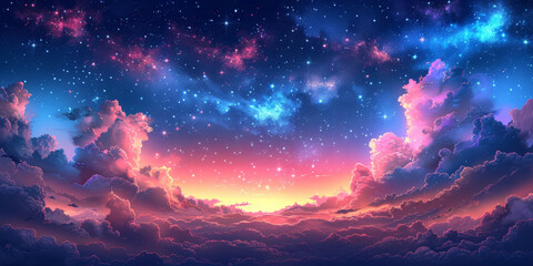 Fototapeta premium Sparkling Stars and Colorful Clouds in Cartoonish Night Sky Background