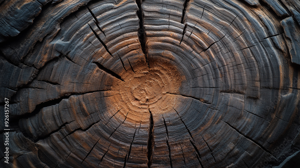 Poster close-up view of a weathered tree stump showing intricate grain patterns and cracks in natural light