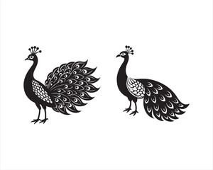 design a full view white Peacock in black and white, on white background