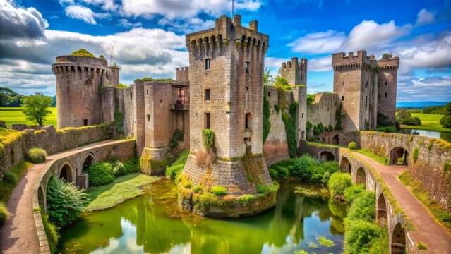 A majestic yet crumbling keep tower stands tall amidst a serene moat, surrounded by lush greenery, at the historic Raglan Castle in Wales, UK.