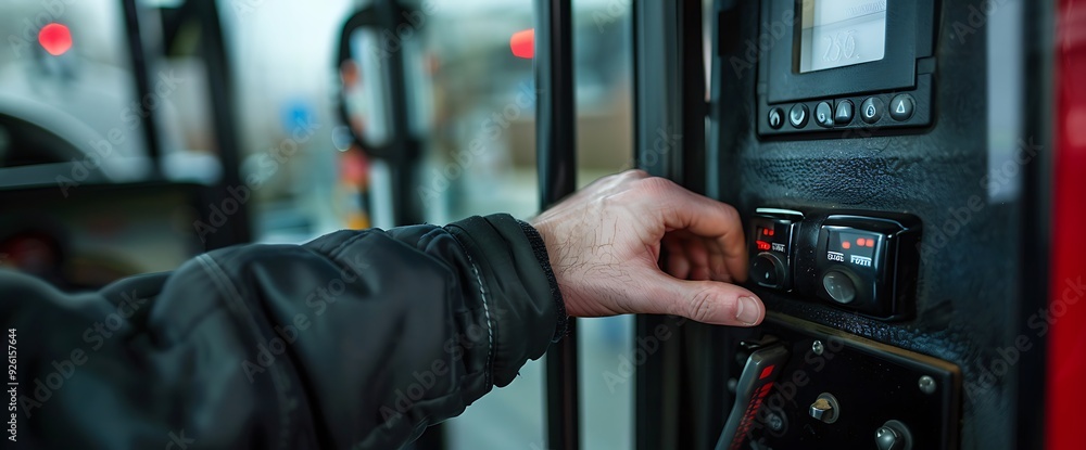 Aufkleber Close-up of a hand pressing a button on a control panel, inside a vehicle, with red lights and a digital display.