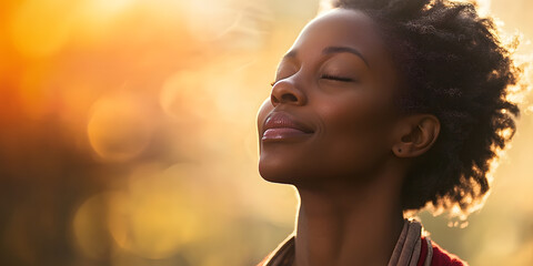 African American woman with healing energy and light around feeling good breathing calm peace. Happy black male in zen calmness taking deep breath for zen, health or spiritual wellness.