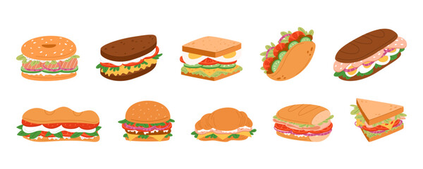 Sandwich food. Bagel, baguette and burger with cheese, chicken and meat. Pita with ham or salmon, meal bun. Flat cartoon healthy restaurant menu isolated elements. Vector icon garish breakfast set
