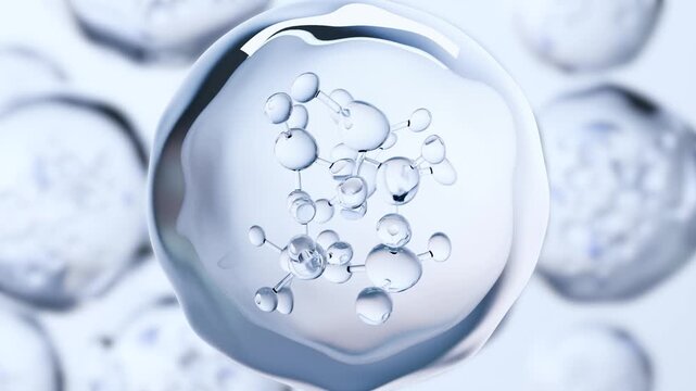 molecules or atoms, molecular structure, biochemical. chemical formula, fluid flow. Water Liquid Bubbles, atoms floating, skin care Cosmetics, Vitamin, pharmaceutical beauty medical concept, 3d render