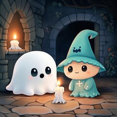 Obraz premium Cute ghosts and costumes by candlelight, Cartoonish style, simple lines, pastel colors, inviting and friendly