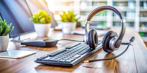 Modern VOIP headset rests on a keyboard surrounded by office supplies, emphasizing efficient communication support and prompt customer service in a bustling call center environment.