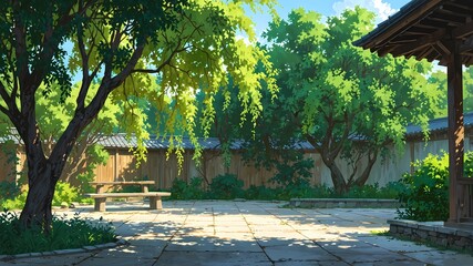 Tranquil Courtyard with Majestic Weeping Willow: A Serene Digital Rendering for Lofi Relaxation Anime Style