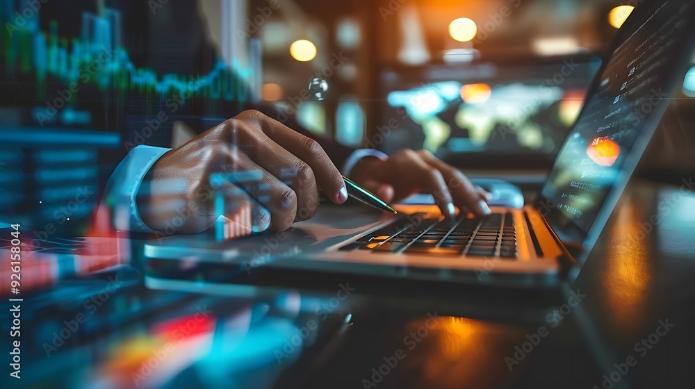 Poster close-up of a hand typing on a laptop keyboard with blurred background and charts overlayed.