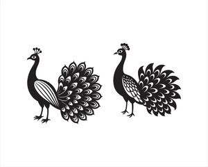 design a full view white Peacock in black and white, on white background