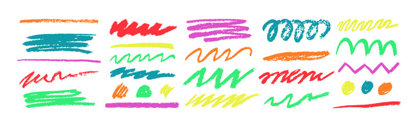 Fototapeta premium Pencil color line. Crayon brush, highlight underline collection isolated elements for design, texture scrawl borders. Circle sketch shape, scratch, paint. Background chalk sketchy. Vector tidy pen