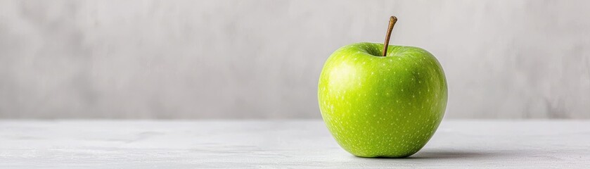 A fresh green apple placed on a clean white surface, symbolizing health, vitality, and natural goodness in a minimalist setting.